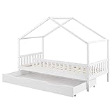 Juskys Kinderbett Yuki 90x200 cm mit Rausfallschutz, Bettkasten & Lattenrost – Holz Bett für Kinder weiß mit Dach – Hausbett für Jungen & M