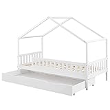 Juskys Kinderbett Yuki 90x200 cm mit Rausfallschutz, Bettkasten & Lattenrost – Holz Bett für Kinder weiß mit Dach – Hausbett für Jungen & M