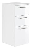 Posseik Badmöbel VIVA Midischrank Weiß Hochglanz + Weiß Badschrank 75cm hoch Seitenschrank 1 Tür, 2 Schub