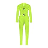 I3CKIZCE Damen Buckle Bodycon Hollow Out Jumpsuit Langarm Buckle Overall Hoher Kragen Strampler mit Schnalle Einfarbig Biker Clubwear Frauen Sexy Cut Out Bodysuit S-3XL(Grün,XL)