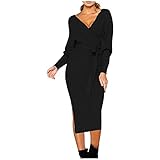 hukezhu Damen Sexy Geknotetes Pulloverkleid - V-Ausschnitt Sweatkleid Tasche Hüfte Lange Ärmel Krawatte Taille Strickpullover Bleistiftkleid (Schwarz, L)