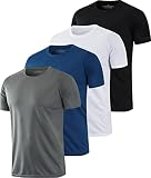 HOPLYNN 4er Pack Mesh Funktionsshirt Herren Laufshirt Kurzarm Männer Schnelltrocknend Atmungsaktiv Sport Shirt Sportshirt Trainingsshirt Weiß Schwarz Grau Navy - L