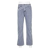 haochenli188 Street-Hip-Hop-Hose FüR Damen Wide Bein Jeans Koreanische Stil Denim Hose Baggy Jeans Femme Gerade Ladung Hosen Hosen (Color : Blue, Size : L)