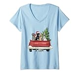 Damen Cute Great Dane Christmas Top, Dog Mom Owner Vintage Truck T-Shirt mit V