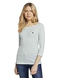 TOM TAILOR Damen Gestreiftes Shirt mit Herz-Stickerei 1024035, 26035 - White Green Small Stripe, M