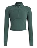 IECCP Sportshirt für Damen Laufshirt Langarm Trainingsshirt Yoga Crop Top Fitness Reißverschluss Sport Oberteile Damen mit Daumenlöcher,Cyan Grün,L