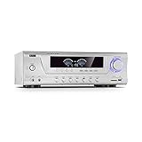 auna AMP 3800 BT 5.0 - Amplifier HiFi-Verstärker, 2 x 120 Watt + 3 x 50 Watt RMS, Bluetooth-Funktion, USB-Port, SD-Slot, 2 Mikrofon-Anschlüsse, DVD-Stereo-In, Stereo-Line-Out, Silb