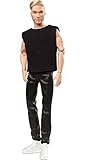 Barbie GTD90 - Signature Looks Puppe Ken (blond mit Bart), bewegliche Modepuppe mit schwarzem T-Shirt und Vinylhose, Spielzeug ab 6 J