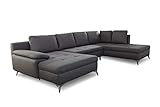 CAVADORE Wohnlandschaft Lina / U-Form Sofa mit Longchair, Ottomane und Steppung im Sitz / leichte Fleckentfernung dank Soft Clean / 326 x 85 x 201 / Dunkelg