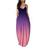 QI_LIANG Frauen Gradient ärmelloses langes Kleid Maxikleid mit V-Ausschnitt Lässiges Sommerkleid Strand lang