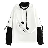 yiouyisheng Panda Pullover Damen Plus Size Hoodie Herbst Winter Langarm Sweatshirt mit Persönlichkeit Tasche, Kordelzug Lange Ärmel Kapuzenpullover Schwarz-weißer Patchwork-H