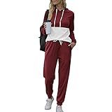 Zweiteiler Damen Sportanzug Jogginganzug aus Kontrastfarbe Kapuzenpullover + Jogginghose Frauen Trainingsanzug Freizeitanzug Freizeitbekleidung Outfit Sportbekleidung Fitnessanzug für Running Yog