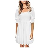 Damen Kleid Casual Solid Bohemian Puff Sleeve RüSchen Strand Minikleid Dress Strandkleid Rock Mit Lockerer Taille Abendkleid Faltenrock T-Shirt-Kleid Cocktailparty D