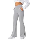 Dubute Damen-Yogahose mit hoher Taille, elastischer Taille, einfarbig, für Workout, ausgestellte Hose, hellgrau, XXL