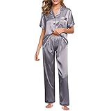 HFStorry Pyjama Set Damen Satin Winter Family Schlafanzug Set Einfarbig Pyjama Set Lose Dessous Robe Set Sexy UnterwäSche Anzug Seide Satin Kurzarm Top Und Hose Lose Pyjama Sets Homew