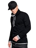 Ombre Herren Sweatshirt Pullover mit Stehkragen mit kariertem Materia 97% Baumwolle 3 Farben S-XXL (XL, Schwarz)