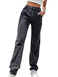 Y2k Hohe Taille Jeans Frauen Casual Lange Hosen Lose Gerade Denim Jeans Mode Denim Hose mit Tasche Streetwear, E-Schwarz, XS