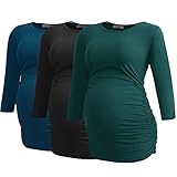 Smallshow Damen Schwanger Mutterschaft Oberteile 3/4 Ärmel Umstandsshirts Schwangere Tops Schwangerschafts Umstandstop 3er Pack,Black-Deep Green-Teal,L