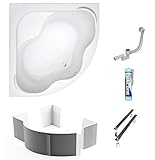 ECOLAM symmetrische Badewanne Eckwanne Samanta 150x150 cm Acryl weiß + Styroporträger zum Verfliesen Ablaufgarnitur Ab- und Überlauf Automatik Füße Silikon Komplett-S