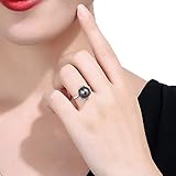 Eleganter schwarzer Perlenring aus 925er-Sterlingsilber, 10–11 mm, Perlen, verstellbar, Blumenform, Ring für Damen, Geschenk