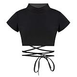 Yeahdor Mädchen Crop Top Tanz Ballett Shirt Sport T-Shirt Kurzarm/Langarm Bauchfrei Oberteil Sommer Shirt Unterhemd für Fitness Tanz Gr. 86-164 Schwarz mit Schnür 146-152