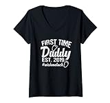 Damen First Time Dad est 2019 Wish Me Luck Hashtag Lustig T-Shirt mit V