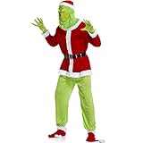 STTTBD Furry Adult Halloween Santa Suit Outfit, Deluxe Green Monster Santa Kostüm mit lustiger Maske Weihnachtsmütze A,M