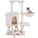 M&Catree Kratzbaum Katzenbaum Katzenkratzbaum Kletterbaum mit Hhle Liegemulde Plattformen Leiter Stabile Sisal-Stmme Spielhaus Spielblle 96cm hoch Katzenspielzeug Katzenmbel Beig