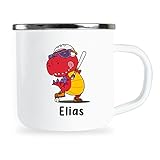 Elias Personalisierte Kindertasse mit Name und lustigem Dinosaurier Motiv Emaille Tasse individuelle Geschenke Kind Geburtstag Junge Mädchen Metallbecher Emailletasse Geschenk