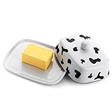 Butterdose mit Griff für 250g Butter, Hochwertige Keramik, Weiß mit Schwarzen Kuhflecken, Porzellan, Klassische Butterdose Butterglocke Butterschale Butterbehälter Butterbox, Spülmaschinengeeig