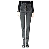 HFStorry Frauen Winter Warme Weich Fleece Futter Knopf Hohe Taille Schlanke Jeans Verdickte Warme Plüsch Gerade Elastische Jeans Hosen mit T