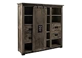 MASSIVMOEBEL24.DE | Railway massives Highboard - grau lackiert | aus Mangoholz | 142x45x147 | mit Eisen | 4 Türen - 3 Schubladen | Wohnzimmerschrank, Hochk