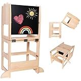 3in1 Learntower Lernturm + Tisch + Tafel von CRS® [NEUZUGANG] Montessori Entdeckerturm für Kinder ab 1 Jahr | Lernstuhl / Hochstuhl aus unbehandeltem Holz | Baby und Kids Kü