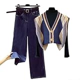 JJZXD Drei- teiliges kleines Herbst- Outfit mit einem hohen Basishemd, Weste, Jeans, Herbstausstattung (Color : Dark blue, Size : Xl code)