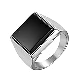 JewelryWe Schmuck Herren-Ring, Edelstahl Quadrat Siegelringe Bandringe Punk Hochzeit Engagement Ringe mit Gravur, Silber Schwarz, Größe 54