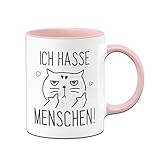 Tassenbrennerei Tasse Ich Hasse Menschen Tassen mit Spruch Katze lustig - Spülmaschienenfest (Rosa)