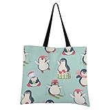 Livingsoft Weihnachtstasche mit Pinguin-Motiv, Segeltuch, Einkaufstasche, wiederverwendbar, umweltfreundlich, mit Reißverschlusstasche für Damen und H