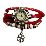 Demarkt Retro Vintage Klee Design Damen Armbanduhr Armreif Uhr Anhänger Spangenuhr Quarzuhren (Rot)