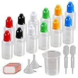 KAKOO 17tlg Tropfflasche Set, 12x 30ml Leer Plastikflaschen Dosier-Flaschen Liquidflaschen Kindersicherung Deckel in Bunt mit Trichter Pipette Messbecher für DIY