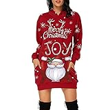 Weihnachtskleid Damen Hoodie Weihnachtsmotiv Minikleid Hoodies Sweatshirt Pullover Kleid Xmas Langarm Casual Kapuzenpullover Partykleid Frauen Christmas Longshirt Tunik