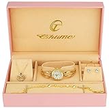 Geschenkset Damen Armbanduhr weiß- Schmuck Set- Halskette-Ring- Ohrringe - Armb