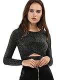Allegra K Damen Lagnarm Crew Neck Cut Out Glitzer Crop Top Shirt Schwarz S