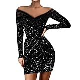 BOTCAM Minikleid Damen Sexy Kurz Partykleid Glitzer Schwarz Paillettenkleid Frauen Vintage V-Ausschnitt Langarm Frühling Sommer Abendkleid Ballkleid Mädchen Cocktailkleid Festlich Baby