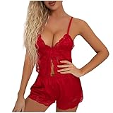 Pyjama Set Damen Sexy Nachtwäsche Outfit mit Spitzennähten Tiefes V Nevk Sling Spitze Korsett Tops Shorts Zweiteilig Aushöhlen rückenfreie Unterwäsche Pyjama Schlafanzug Nachthemd Erotische D
