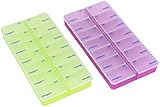 com-four® 2X Medikamentendosierer - Medikamenten-Box für 7 Tage - je 2 Fächer - Pillendose - Pillenbox - Tablettenbox - Wochendosierer zur Aufbewahrung (02 Stück - lila/grün)