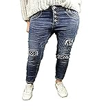 Karostar by Lexxury Denim Stretch Baggy-Boyfriend-Jeans Boyfriend 4 Knöpfe offene Knopfleiste weitere Farben (XXL-44, Dark Denim perlen)