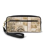 Pencil Case Pen Bag Pouch Stationary,Ancient Rural Facade With Old Wheel Traditional Country House,Small Makeup Bag C