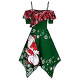 JISHII Weihnachten Kleid für Damen Santa Stoffdruck Karo Kurzarm Schlinge Unregelmäßiger Saum Knielang Abendkleider Schlank Leicht Nett Neuheit Karikatur Festliche Party Kostüm Ballk