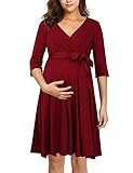 KOJOOIN Damen Umstandskleid Schwangerschafts Kleid für Schwangere Stillkleid V-Ausschnitt Langarm mit Taillengürtel（Verpackung MEHRWEG） Weinrot L