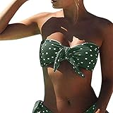 CheChury Damen Bandeau Padded Bikini-Set Trägerlosen Badeanzug Push Up Bandeau Swimsuit Twist Badeanzüge mit Slip,Grün,S